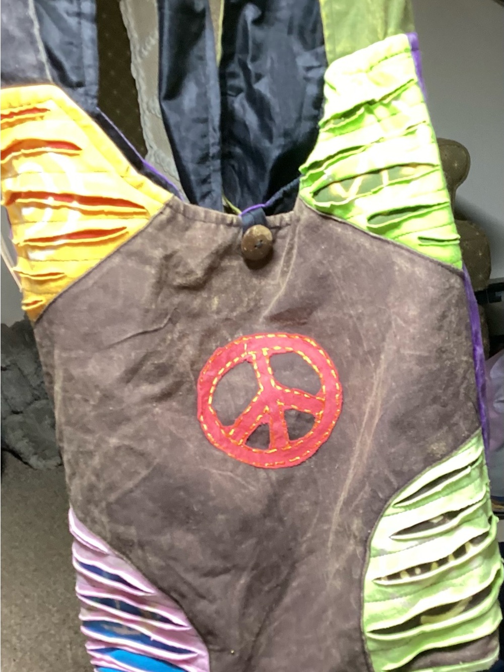 Bohemian Peace Sign Patchwork Tote in Brown and Multicolor